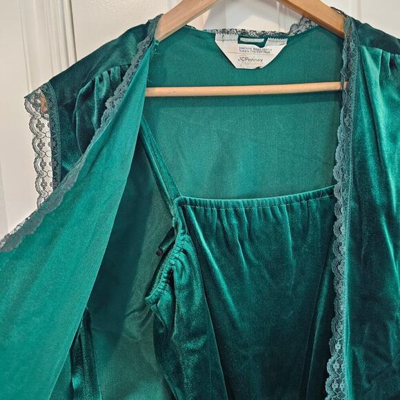 Vintage JCPenny Velvet Dress Size Small 80s Green w/Jacket Lace Glam Rock Party - Picture 4 of 11